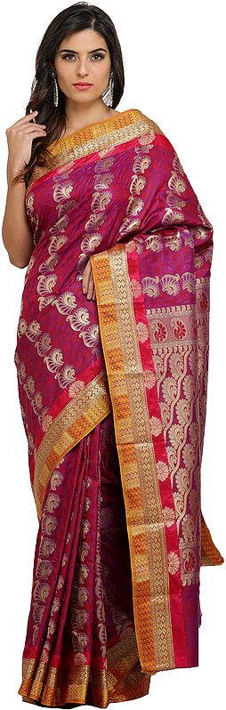 Hyacinth-Violet Brocaded Sari from Bangalore with Woven Bootis and Florals All-Over