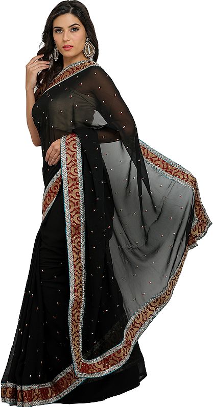 Phantom-Black Georgette Sari with Patch Border and Crystals All-Over