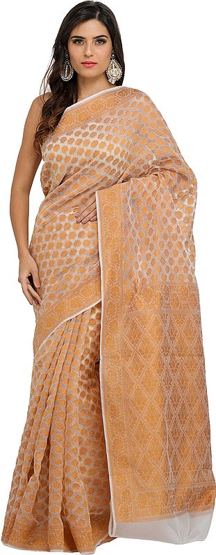 Ivory and Golden-Nugget Handloom Milmul Sari from Bangladesh with Woven Florals All Over