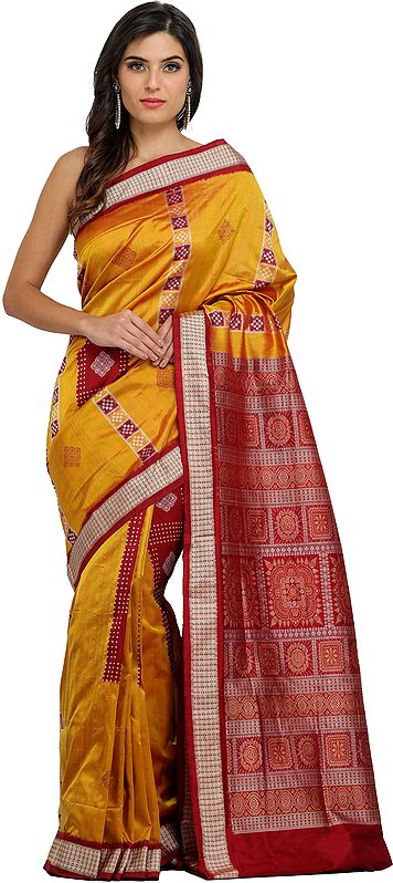 Golden-Nugget and Maroon Bomkai Sari from Orissa with Woven Bootis and Box Pallu