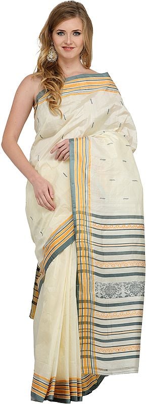 Ivory and Deep-Sea Garad Sari from Bengal with Woven Paisleys and Bootis