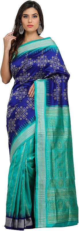 Dazzling-Blue Bomkai Handloom Sari from Orissa with Woven Bootis and Box Pallu