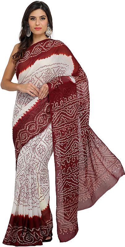 White and Maroon Shaded Bandhani Tie-Dye Sari from Marwar in Rajasthan