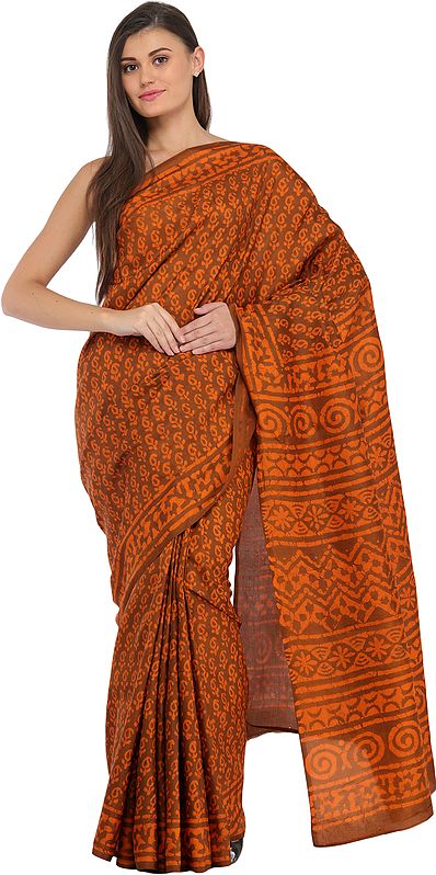 Brown and Russet-Orange Batik Sari from Madhya Pradesh with Printed Motifs
