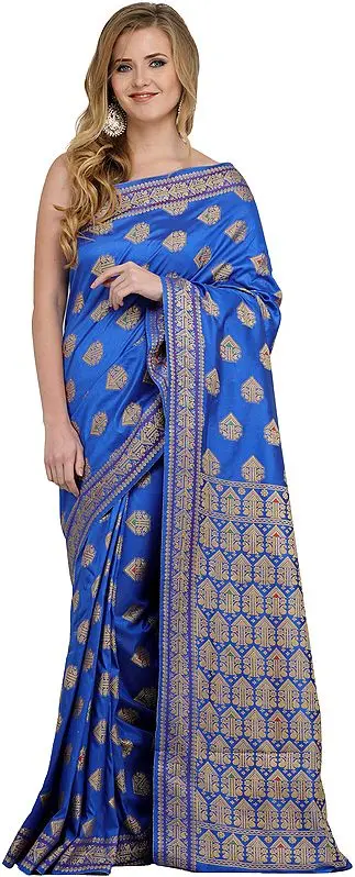 Turkish-Sea Sari from Assam with Woven Bootis All-Over
