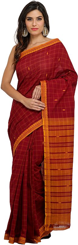 Tibetan-Red South Cotton Sari from Bangalore with Woven Bootis and Stripes on Pallu
