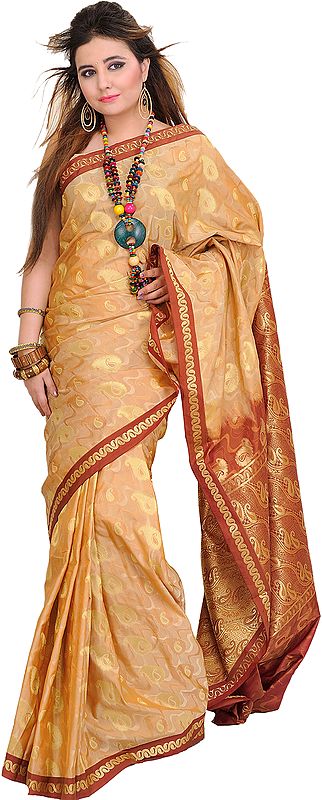 Beige and Baked-Clay Brocaded Sari from Bangalore with Woven Paiselys