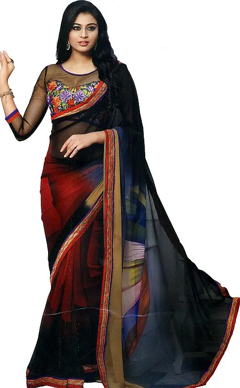 Caviar-Black Printed Georgette Sari with Patch Border