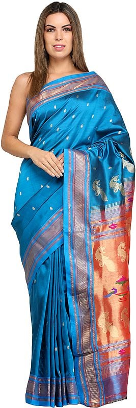 Diva-Blue Paithani Handloom Sari with Woven Bootis and Peacocks