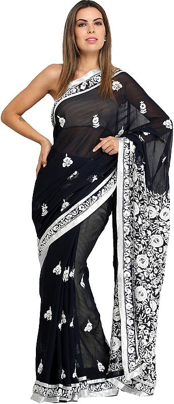 Phantom-Black Sari from Punjab with Phulkari Embroidered Flowers and Gota Border