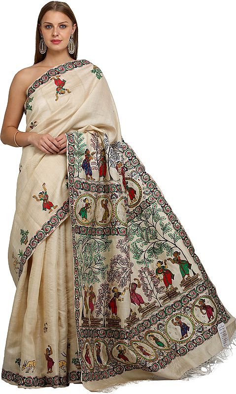 Wood-Ash Sari from Orissa with Hand-Painted Pata-Chitra Folk Motifs on Aanchal and Border
