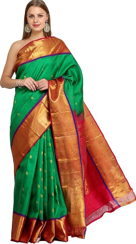 Jelly-Bean and Pink Bangalore Silk Sari with Woven Bootis and Brocaded Pallu