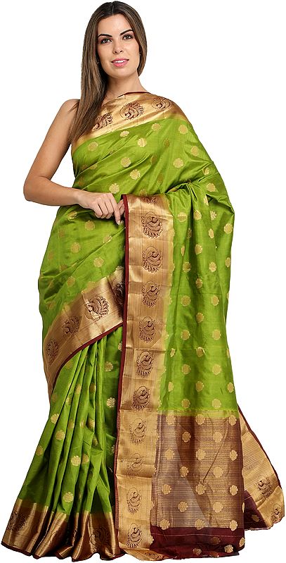 Herbal-Green Traditional Brocaded Sari from Bangalore with Woven Bootis and Peacocks