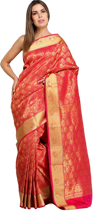 Magenta-Pink Brocaded Sari from Bangalore with Woven Bootis and Florals All-Over