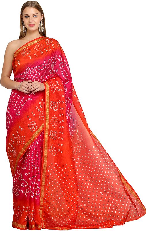 Orange and Pink Shaded Sari from Marwar in Rajasthan with Bandhani Print