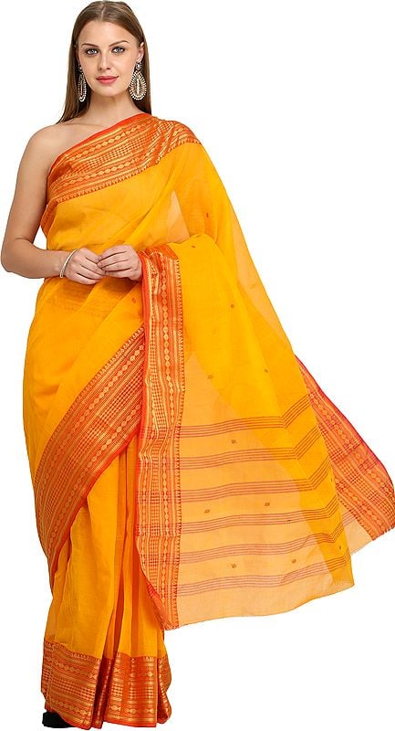 Radiant-Yellow Tangail Sari from Kolkata with Woven Bootis and Zari Border