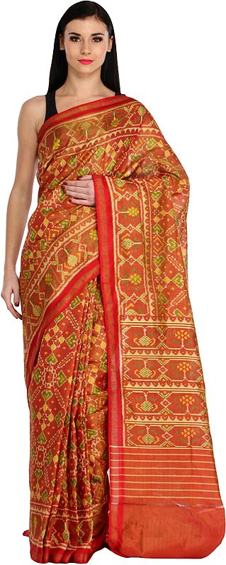 Flame-Scarlet Pan Patola Handloom Sari from Patan in Gujarat
