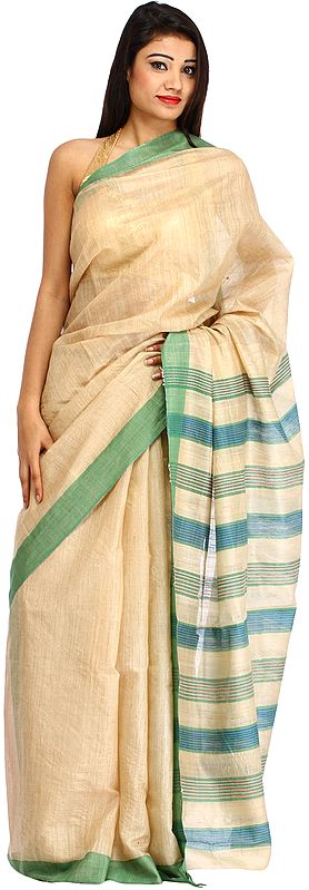 Green-Haze Kosa Sari from Bengal with Thread Weave