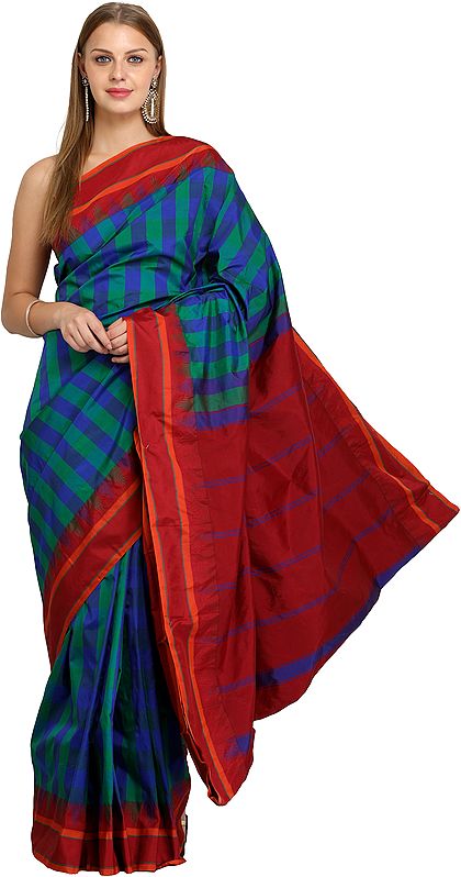 Bittersweet-Red Sari from Bangalore with Woven Checks and Striped Pallu