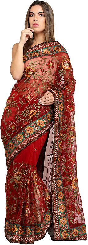 Tibetan-Red Georgette Sari with All-Over Floral Aari Embroidery and Sequins