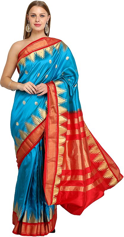 Blue-Jewel Traditional Brocaded Sari from Bangalore with Woven Bootis and Temple Border
