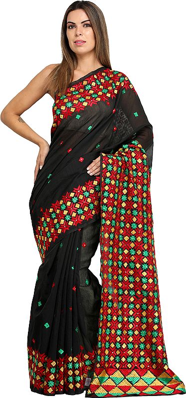 Phantom-Black Phulkari Sari from Punjab with Embroidered Bootis and Sequins