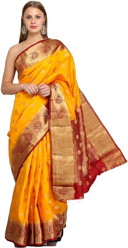 Marigold-Yellow Traditional Brocaded Sari from Bangalore with Woven Bootis and Peacocks