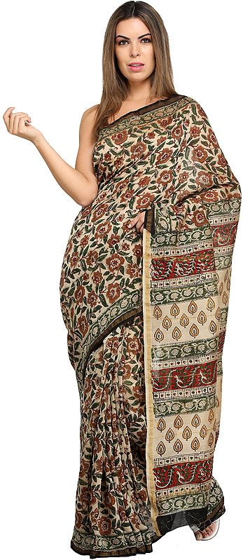 Warm-Sand Kalamkari Printed Sari from Amdhra Pradesh with Florals All Over