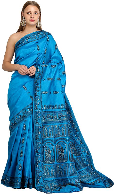 Diva-Blue Baluchari Sari from Bengal Depicting Mythological Episodes from Mahabharata