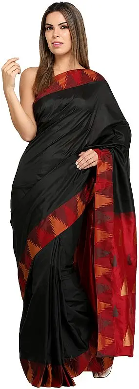 Caviar-Black Plain Sari from Karnataka with Temple Woven Border