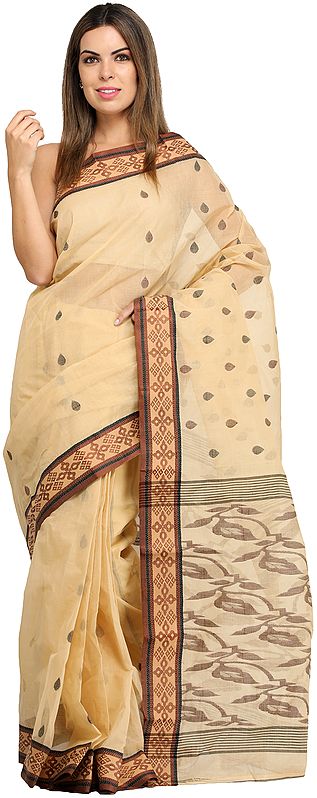 Desert-Dust Purbasthali Sari from Bengal with Woven Bootis and Border