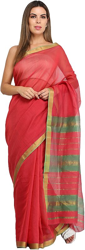 Scarlet-Red Mrignayani  Sari from Andhra Pradesh with Zari Border and Stripes