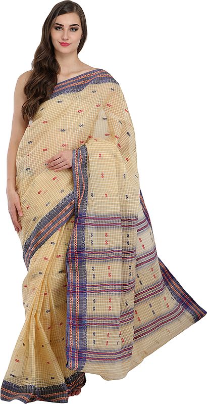 Banana-Grape Sari from Assam with Woven Bootis and Stripes
