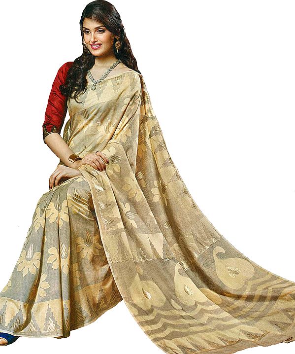 Bleached-Sand Kashida Silk Sari with Large Woven Bootis and Florals All-Over