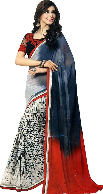 Flame-Scarlet Printed Georgette Sari with Aari Embroidered Border and Crystals on Pallu