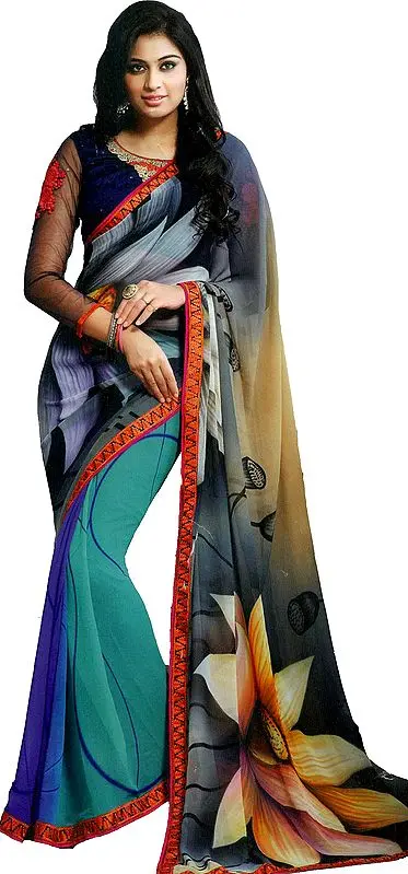 Multicolor Printed Georgette Sari with Floral Patch Border