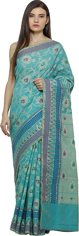 Kora-Cotton Sari from Banaras with Woven Flowers and Bootis All-Over