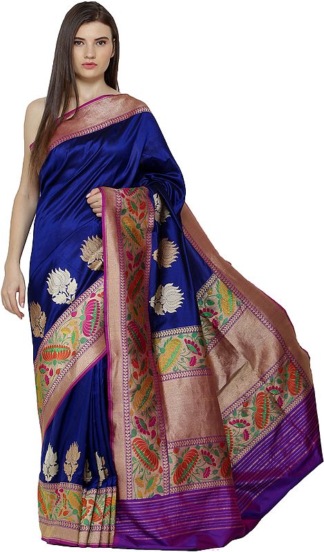 Dazzling-Blue Brocaded Sari from Banaras with Zari Kadhwa Border and Lotus Flowers