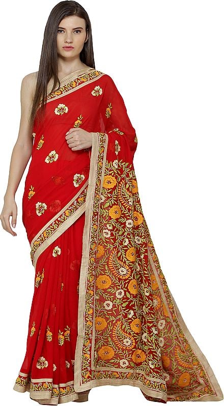 Bittersweet-Red Phulkari Sari from Punjab with Embroidered Flowers and Sequins