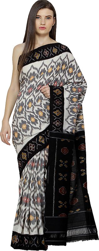 Banana-Crepe and Black Handloom Sari from Pochampally with Ikat Weave