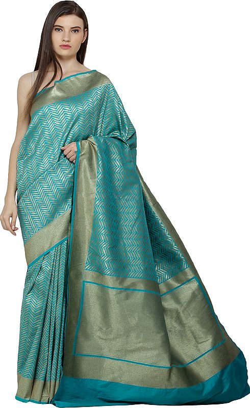 Blue-Grass Banarasi Sari with with All-Over Hand-woven Zig-Zag Pattern and Brocaded Aanchal