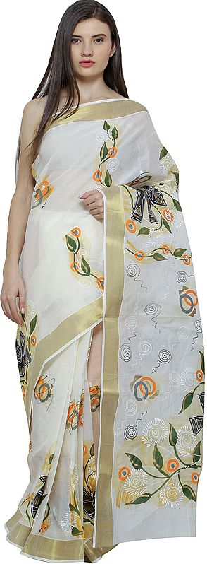 Off-White Hand-Painted Sari from Kolkata with Zari Thread Woven Border