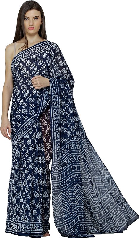 Twilight-Blue Mriganayani Sari with Bagdoo Block-Print