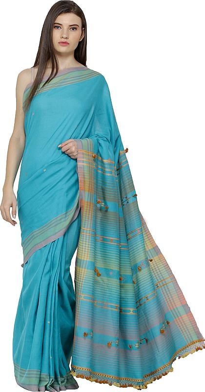 Pure Cotton Sari from Kutch with Checkered Border and Bootis Weave on Pallu