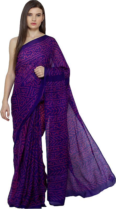 Deep-Blue Handloom Sari from Marwar in Rajasthan with Bandhani Print