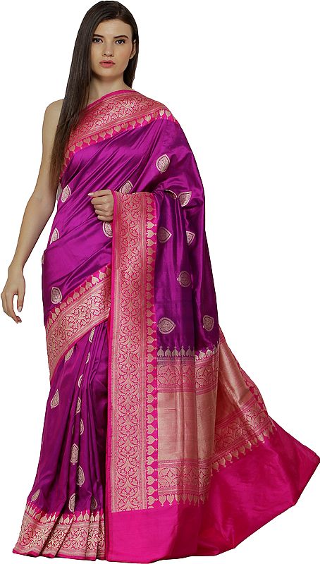 Purple-Wine Handloom Sari from Banaras with Woven Bootis and Florals in Zari Thread
