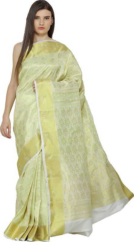 Canary-Yellow Brocaded Sari from Bangalore with Woven Bootis and Florals All-Over