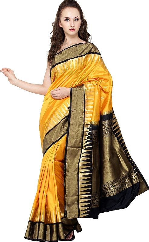 Marigold Traditional Brocaded Sari from Bangalore with Woven Bootis and Temple Border
