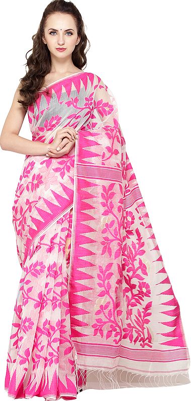 Rasberry-Sorbet Jamdani Sari from Bangladesh with Temple Border and Florals Weave All-Over