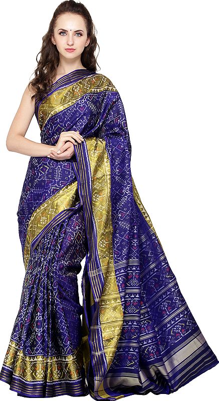 Marzipan-Blue Handloom Paan Patola Sari from Gujarat with Ikat Weave
